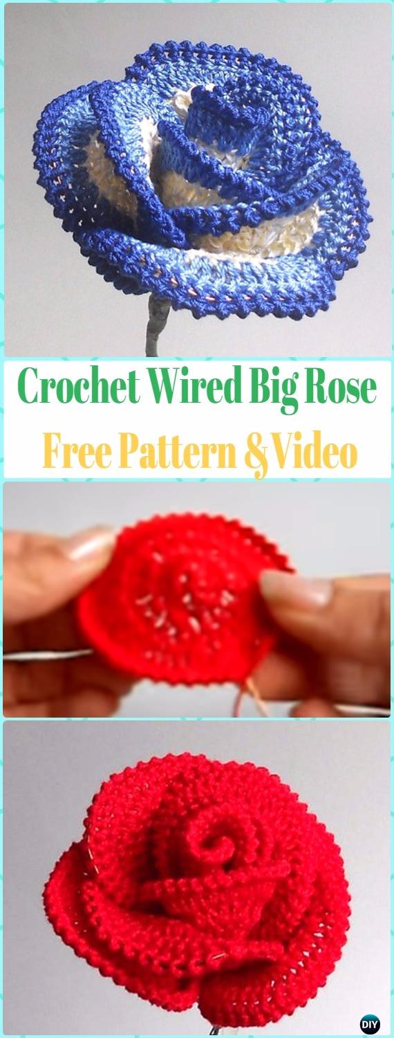 Crochet 3D Wired Big Rose Flower Free Pattern &Video