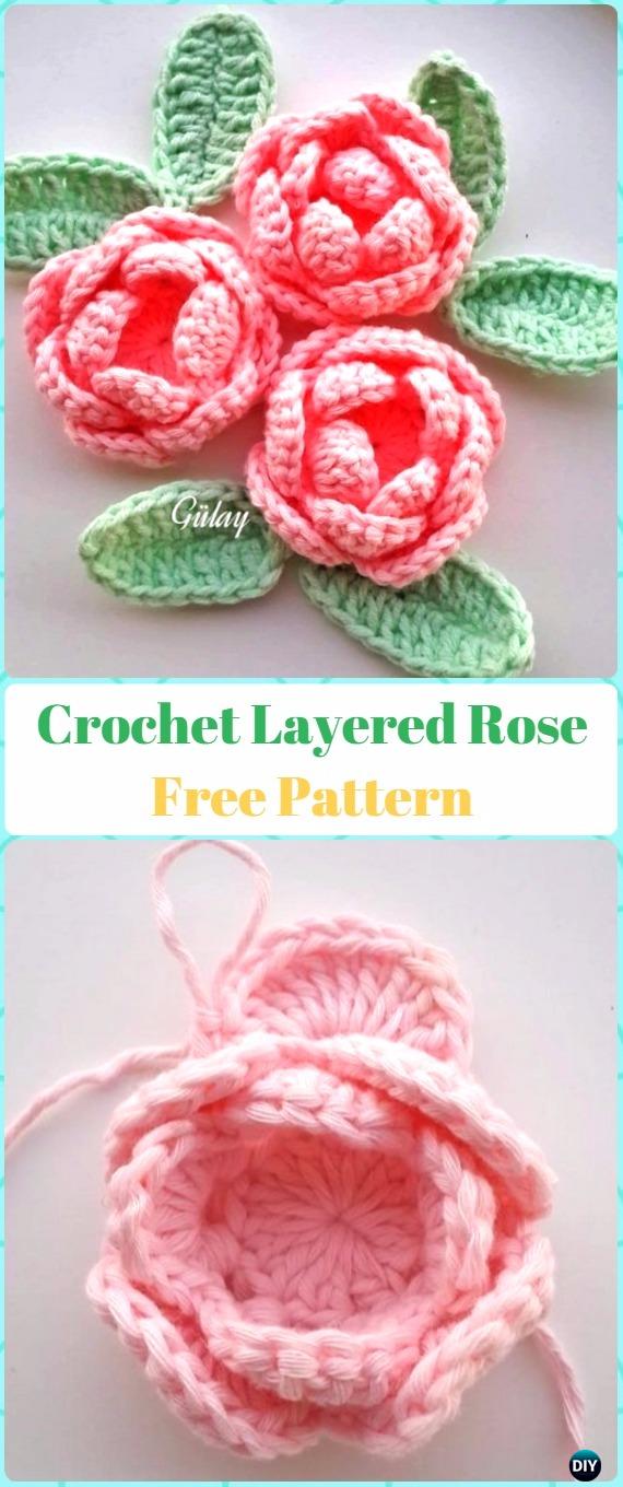 Layered Crochet 3D Rose Flower Free Pattern 
