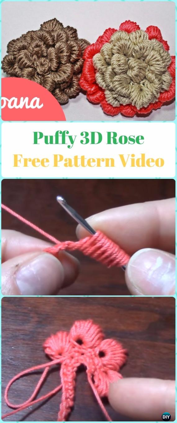 Crochet Puffy 3D Rose Flower Free Pattern Video - Crochet 3D Rose Flower Free Patterns