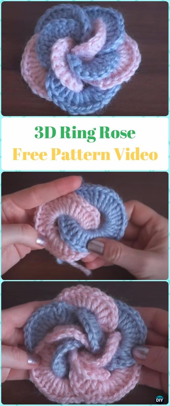 Crochet 3D Ring Rose Flower Free Pattern Video - Crochet 3D Rose Flower Free Patterns
