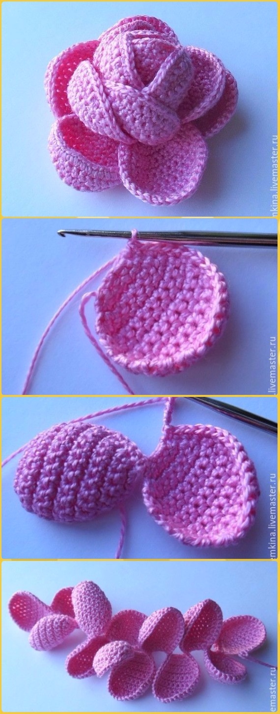 Crochet Roll Over SC Cotton Thread Rose Free Pattern -Crochet 3D Rose Flower Free Patterns