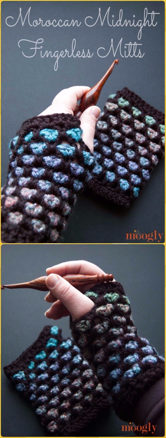 Crochet Moroccan Midnight Fingerless Mitts Free Pattern - Crochet Arm Warmer Free Patterns 