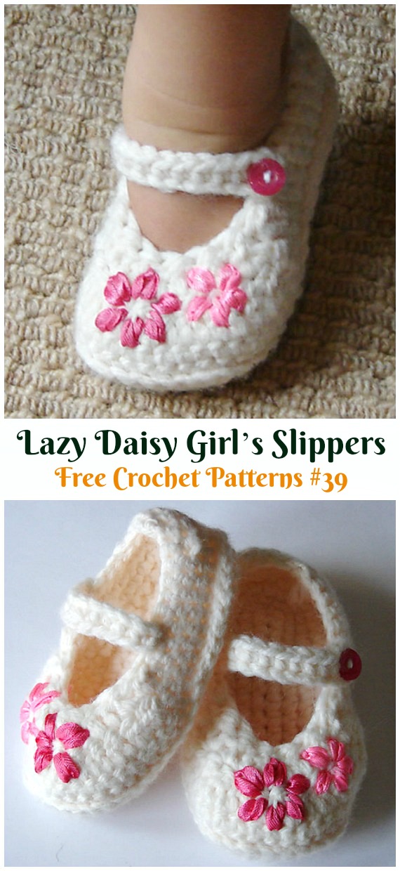 Lazy Daisy Girl’s Slippers Crochet Free Pattern  - #Crochet Baby #Booties Slippers Free Pattern