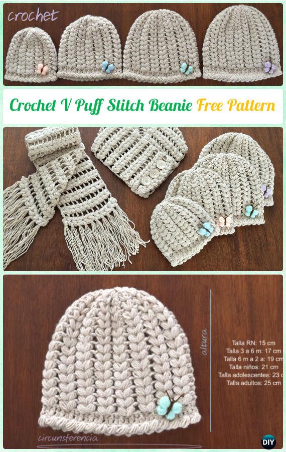 Crochet V Puff Stitch Beanie Hat Free Pattern Video Instruction