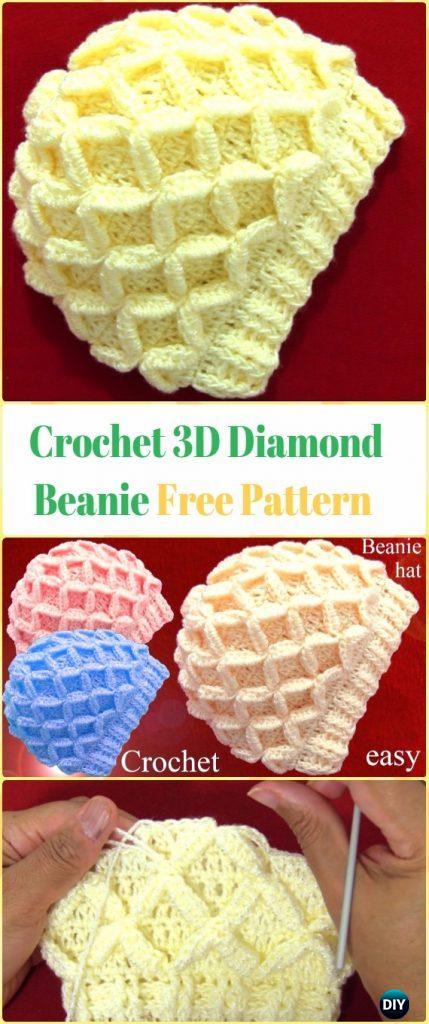 Crochet 3D Diamond Beanie Video - Crochet Beanie Hat Free Patterns 