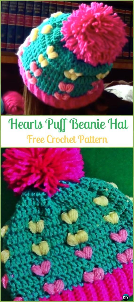 Crochet Hearts Puff Beanie Hat Free Pattern - Crochet Beanie Hat Free Patterns