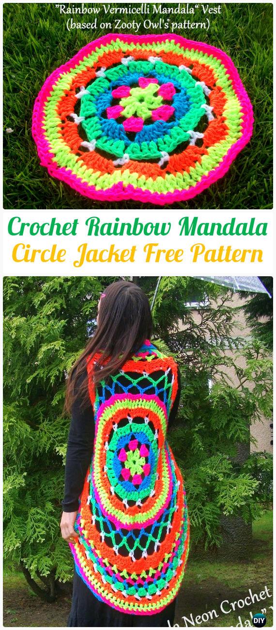 DIY Crochet Rainbow Mandala Circle Jacket Free Diagram -Crochet Circular Vest Sweater Jacket Patterns