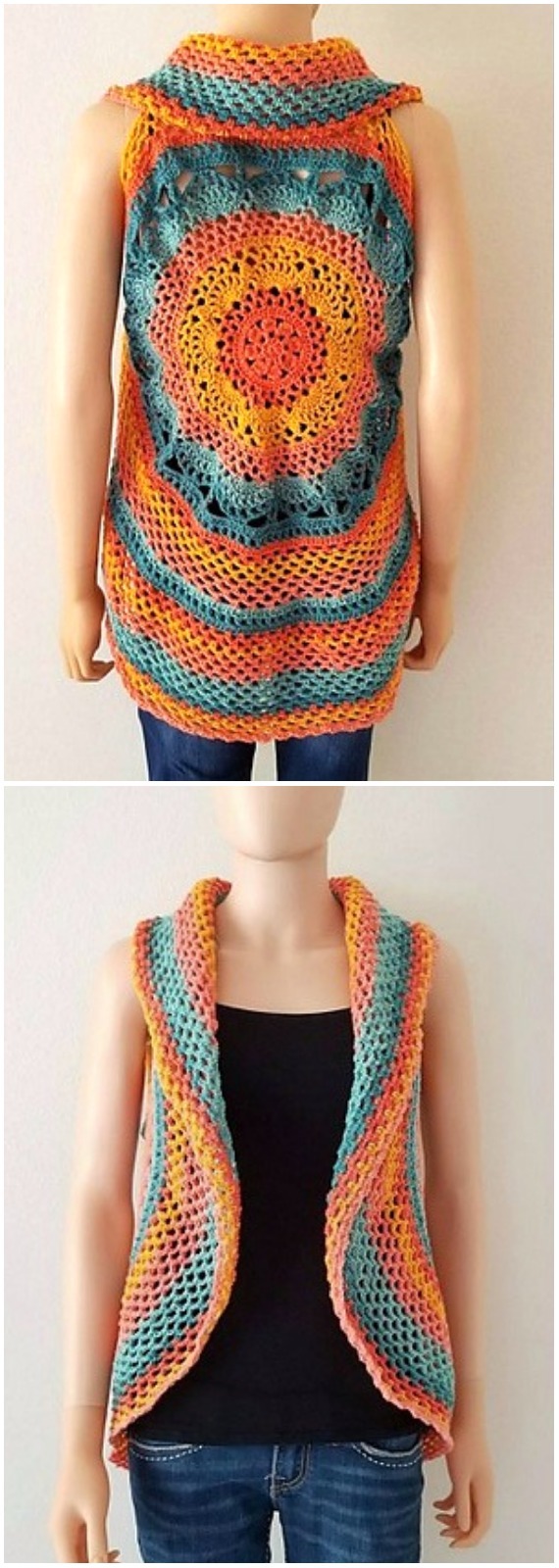 DIY Crochet Sunset Mandala Circular Vest Free Pattern-Crochet Circular Vest Sweater Jacket Patterns