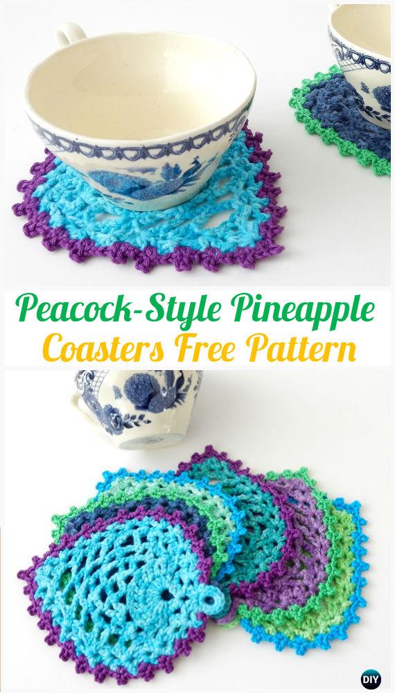Crochet Peacock-Style Pineapple Coasters Free Pattern - Crochet Coasters Free Patterns