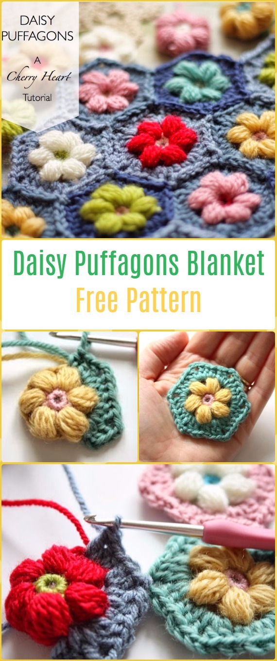 Crochet Daisy Puffagon Blanket Free Pattern - Crochet Daisy Flower Blanket Free Patterns 