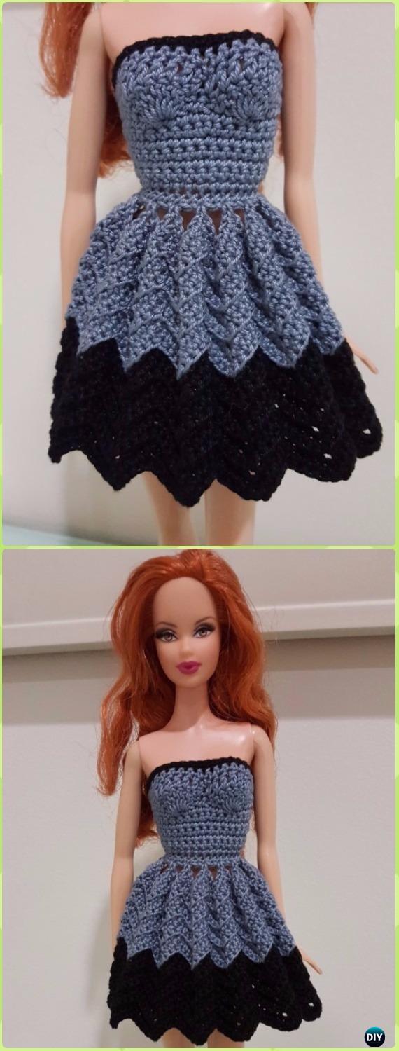 Crochet Barbie Strapless Chevron Dress Free Pattern -Crochet Doll Clothes Outfits Free Patterns
