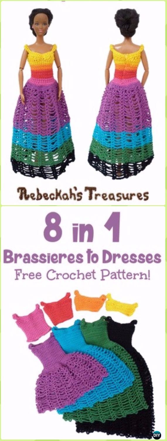 Crochet 8 in 1 Fashion Doll Brassieres to Dresses Free Pattern -Crochet Doll Clothes Outfits Free Patterns