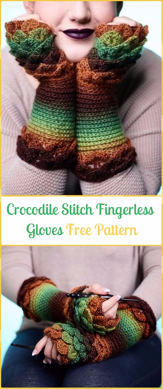 Crochet Crocodile Stitch Fingerless Gloves Free Pattern - Crochet Dragon Scale Crocodile Stitch Gloves Patterns