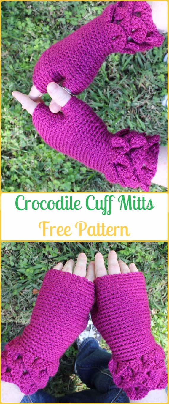 Crochet Crocodile Cuff Mitts Free Pattern - Crochet Dragon Scale Crocodile Stitch Gloves Patterns