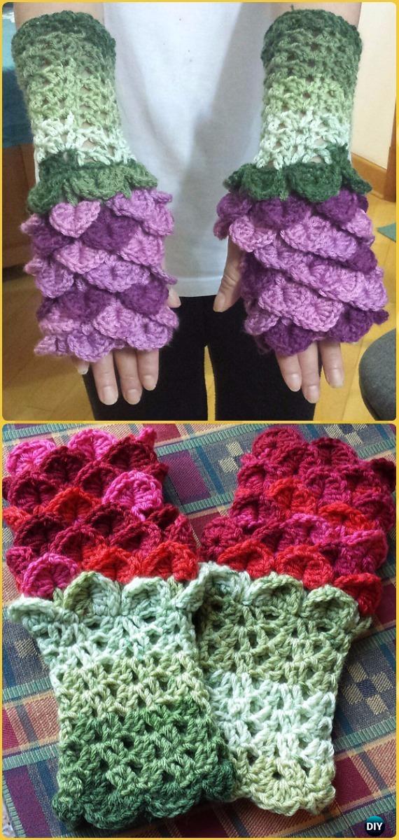 Crochet Flower Dragon Gauntlets Free Pattern - Crochet Dragon Scale Crocodile Stitch Gloves Patterns