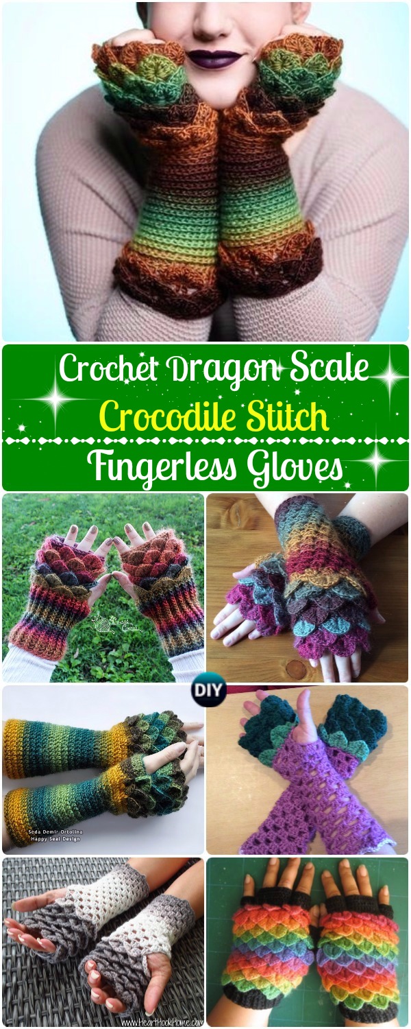 Crochet Dragon Scale Crocodile Stitch Fingerless Gloves Patterns Tutorials