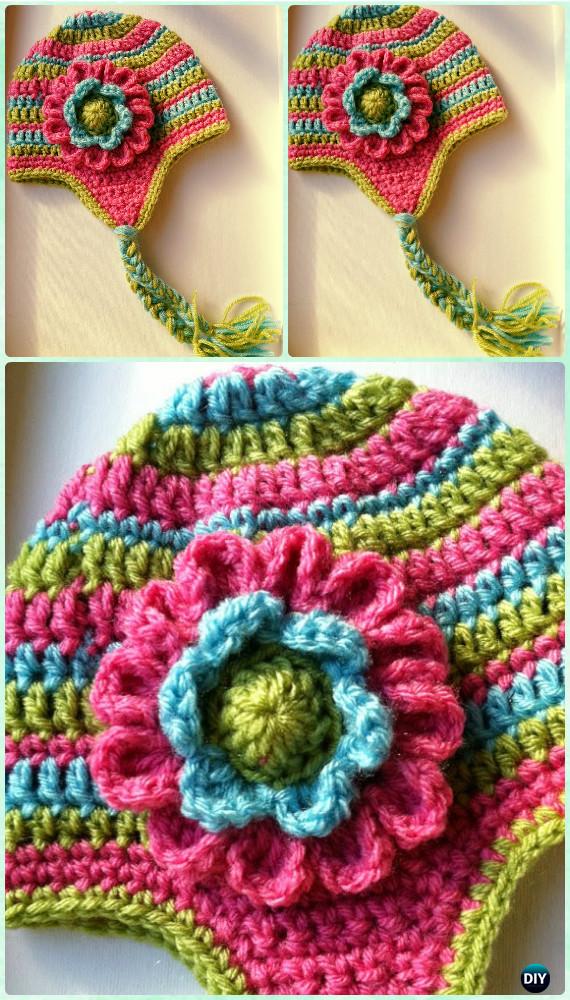 Crochet Dahlia Flower Earflap Hat Free Pattern Instructions-DIY Crochet Ear Flap Hat Free Patterns