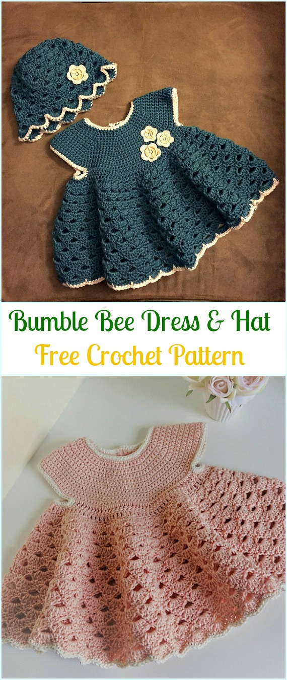 Crochet Bumble Bee Dress & Hat Free Pattern- #Crochet Girls #Dress Free Patterns 