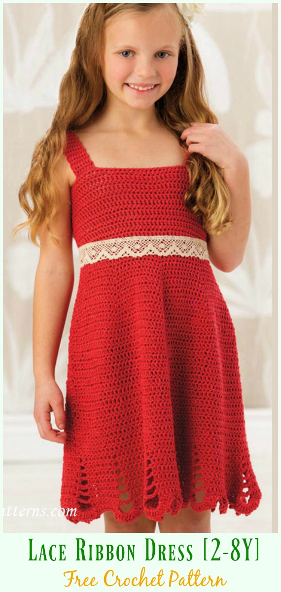 Lace Ribbon Dress Free Crochet Pattern - #Crochet Girls #Dress Free Patterns