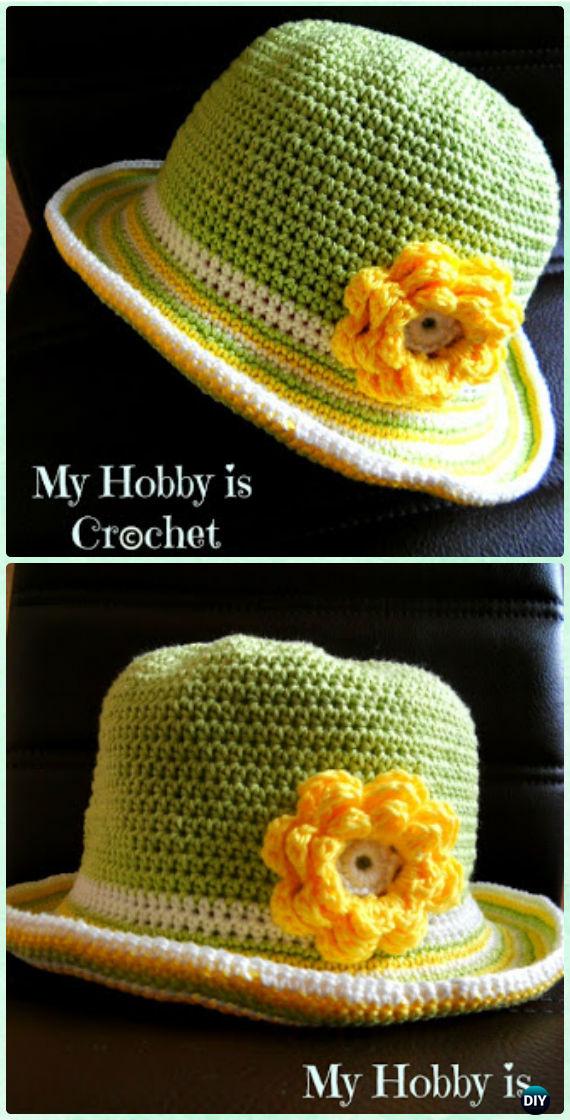 Crochet Stripped Brim Flower Sun Hat Free Pattern - Crochet Girls Sun Hat Free Patterns