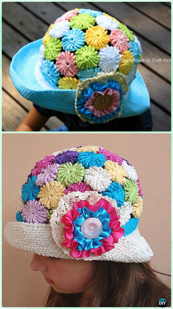 Crochet Wide Brim Yoyo Puff Flower Hat Free Pattern - Crochet Girls Sun Hat Free Patterns
