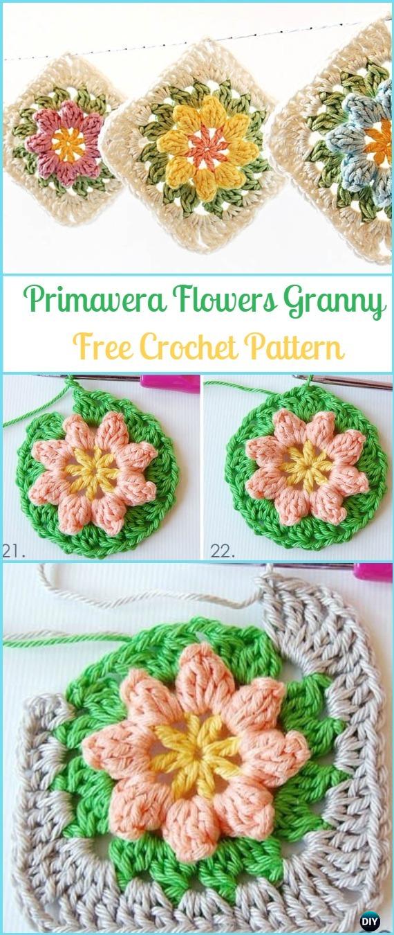 Crochet Primavera Flowers Granny Square  Free Pattern - Crochet Granny Square Free Patterns
