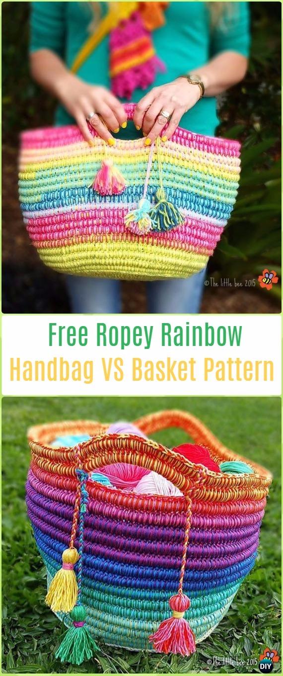 Crochet Ropey Rainbow Handbag or Basket - Crochet Handbag Free Patterns Instructions