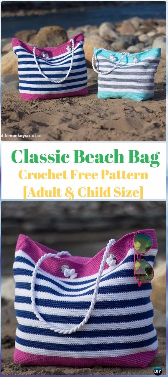 Crochet Classic Beach Bag Adult & Child Size Free Pattern - Crochet Handbag Free Patterns