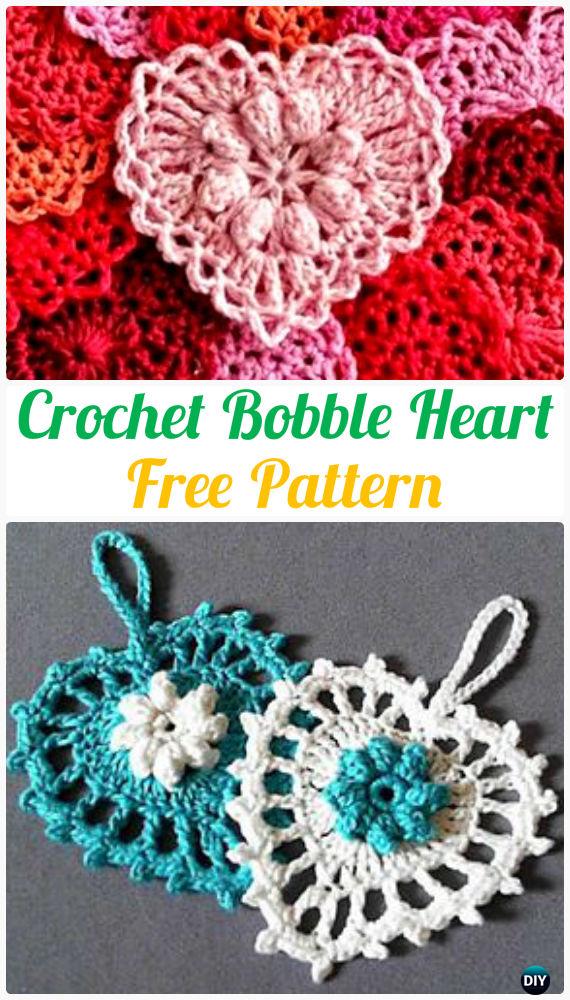 Crochet Bobble Heart Free Pattern - Crochet Heart Applique Free Patterns 