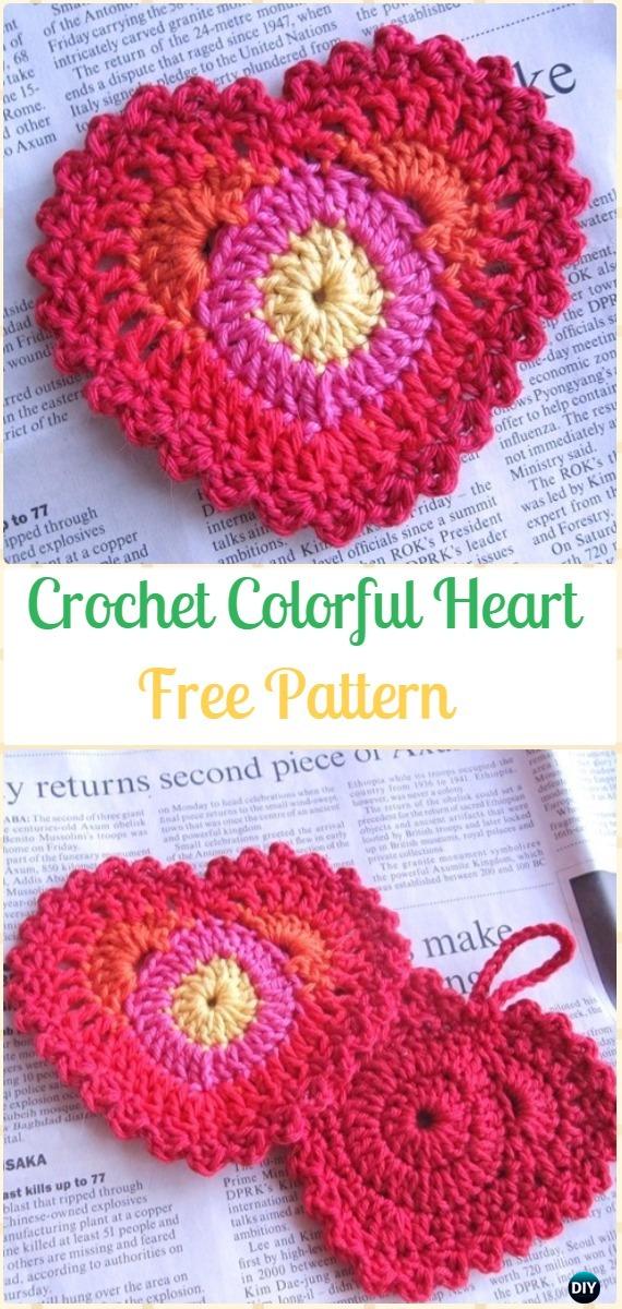 Crochet Colorful Heart Free Pattern-Crochet Heart Applique Free Patterns 