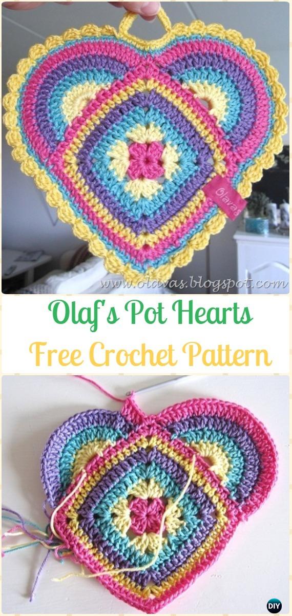 Crochet Olaf's Pot Hearts Potholder Free Pattern-Crochet Heart Applique Free Patterns 
