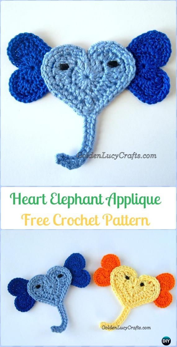 Crochet Heart Elephant Applique Free Pattern - Crochet Heart Shaped Applique Free Patterns By Golden Lucy Crafts
