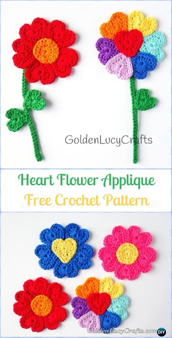 Crochet Heart Flower Applique Free Pattern - Crochet Heart Shaped Applique Free Patterns By Golden Lucy Crafts