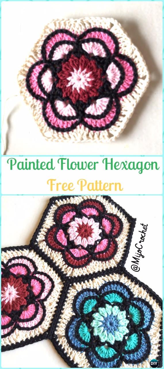 Crochet Painted Flower Hexagon Free Pattern - Crochet Hexagon Motif Free Patterns