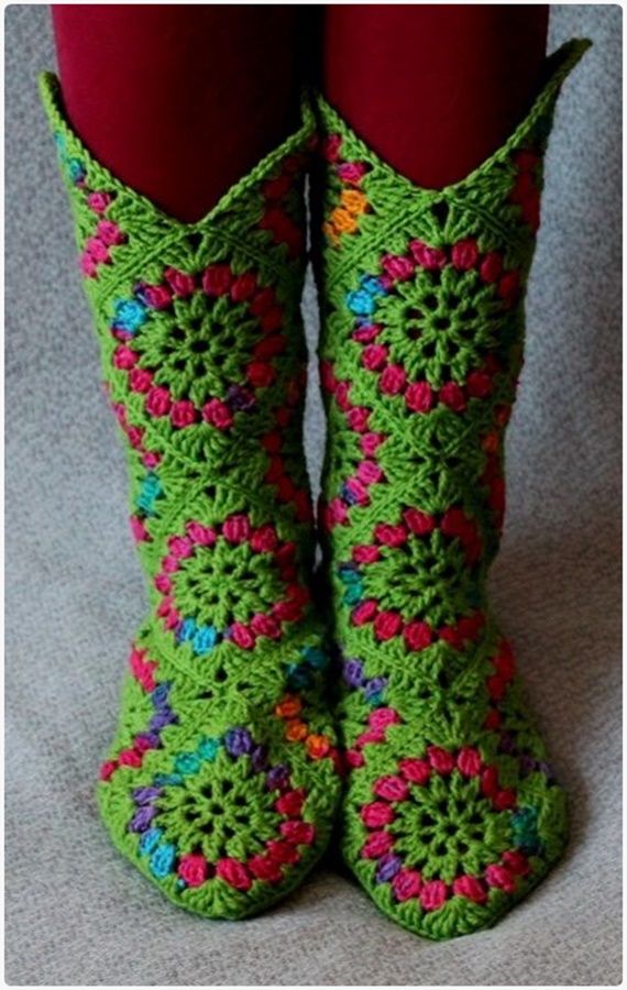 Crochet High Knee Granny Square Slipper Boots Patterns - Crochet High Knee Crochet Slipper Boots Patterns