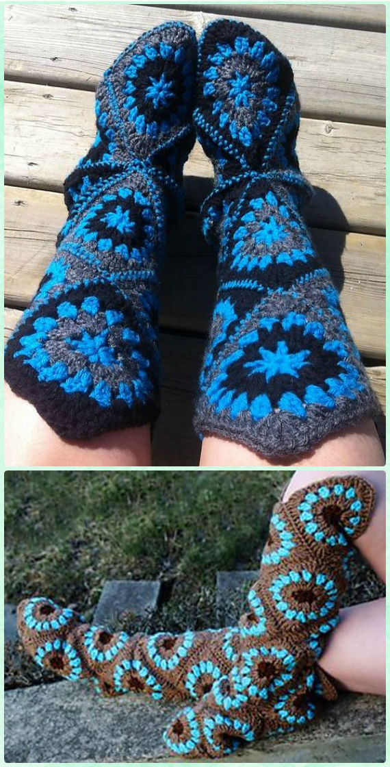 Crochet High Knee Granny Square Slipper Boots Patterns - Crochet High Knee Crochet Slipper Boots Patterns 