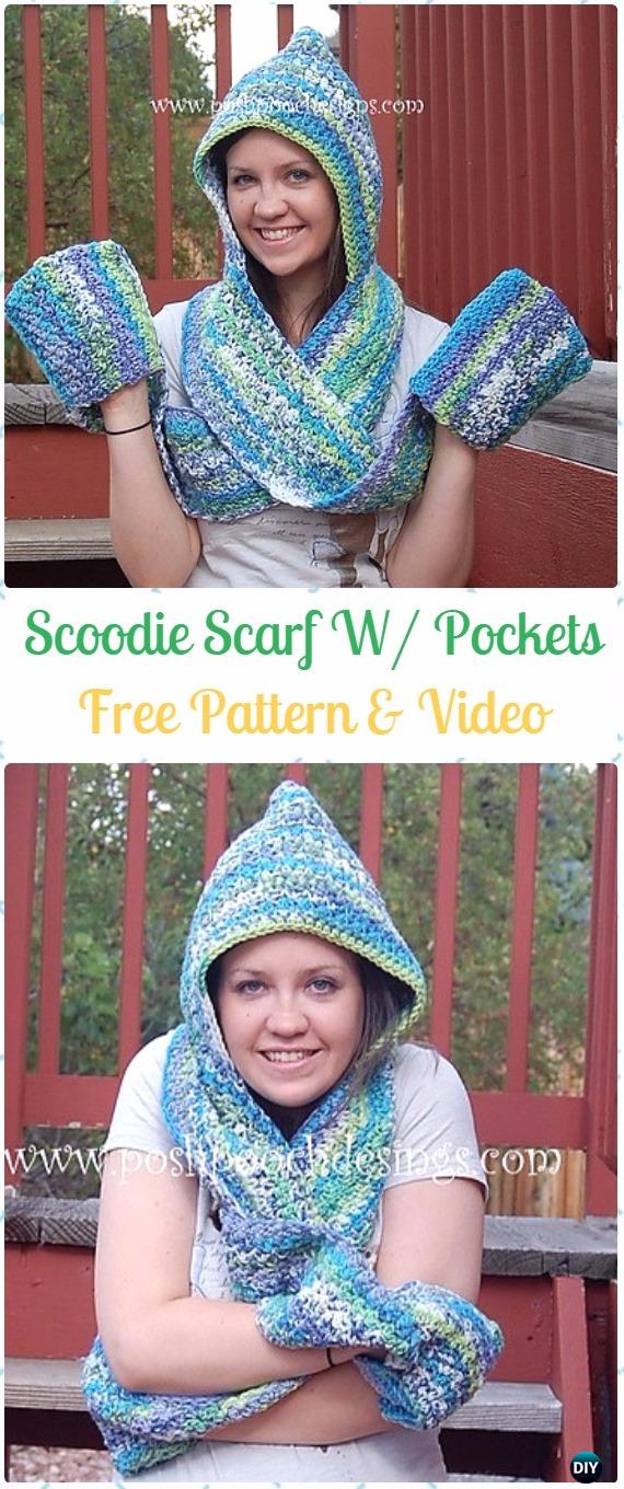 Crochet Scoodie Hooded Scarf with Pockets Free Pattern & Video - Crochet Hoodie Scarf Free Patterns