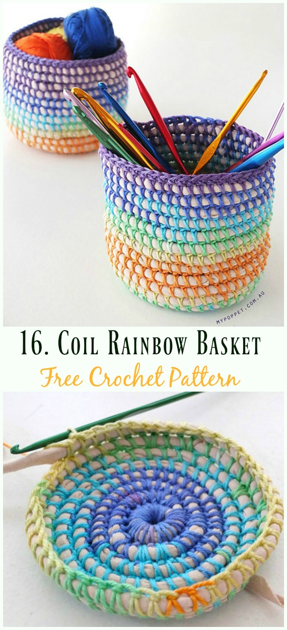 Crochet Coil Rainbow Basket Hook Holder Free Pattern-#Crochet #HookCase & Holders Free Patterns