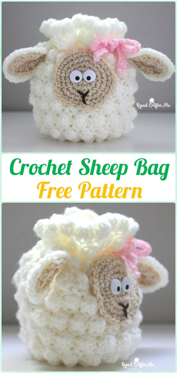 Crochet Sheep Drawstring Bag Free Pattern - Crochet Kids Bags Free Patterns 