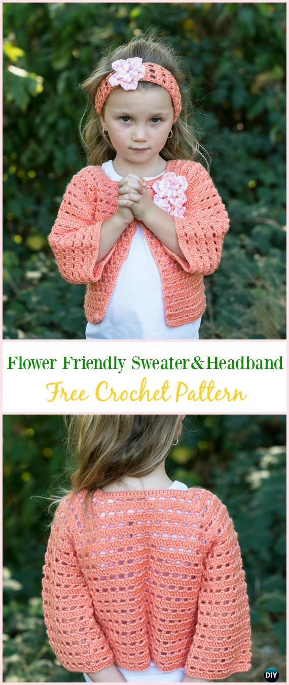 Crochet Flower Friendly Sweater & Headband Free Pattern - #Crochet Kid's #Cardigan Sweater Coat Free Patterns