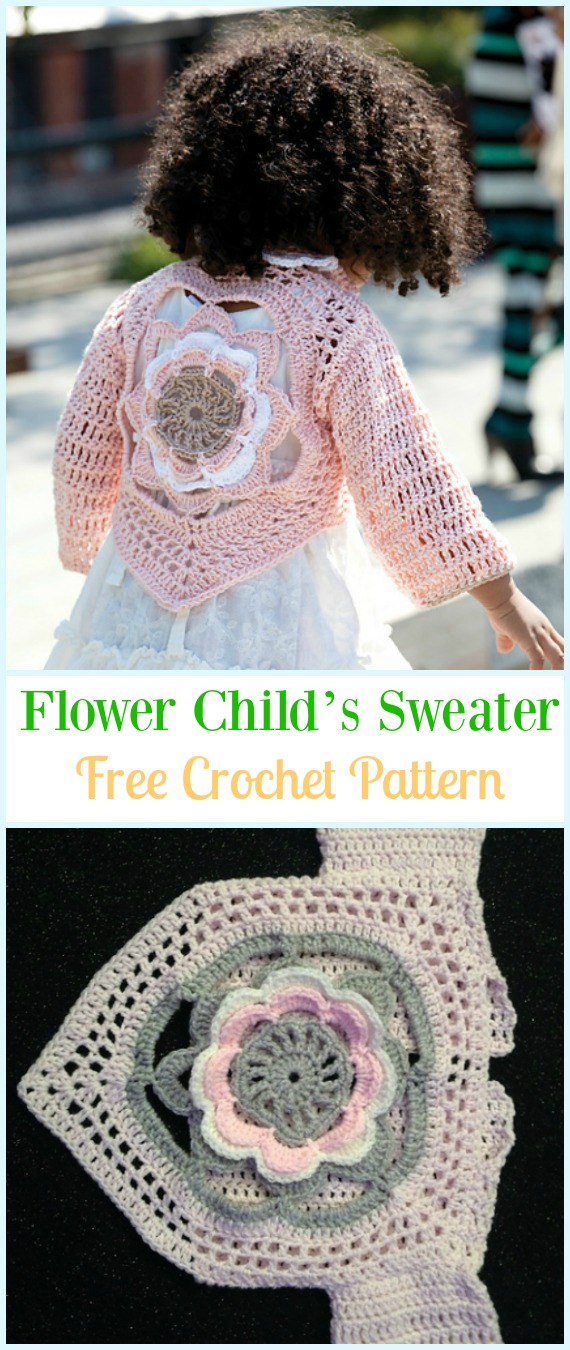 Crochet Flower Child’s Sweater Free Patterns - #Crochet Kid's #Cardigan Sweater Coat Free Patterns