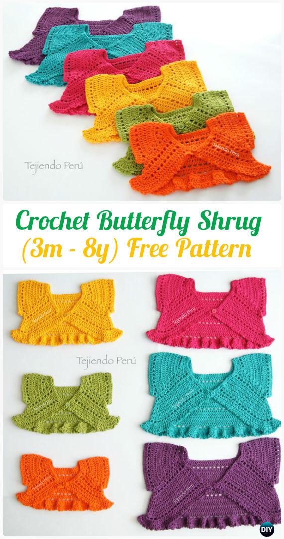 Crochet Butterfly Shrug (3m - 8y) Free Pattern - Crochet Kid's Sweater Coat Free Patterns
