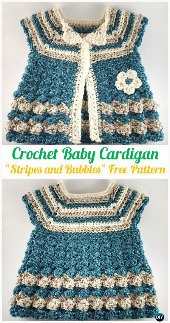 Crochet Baby Cardigan "Stripes and Bubbles" Free Pattern - Crochet Kid's Sweater Coat Free Patterns