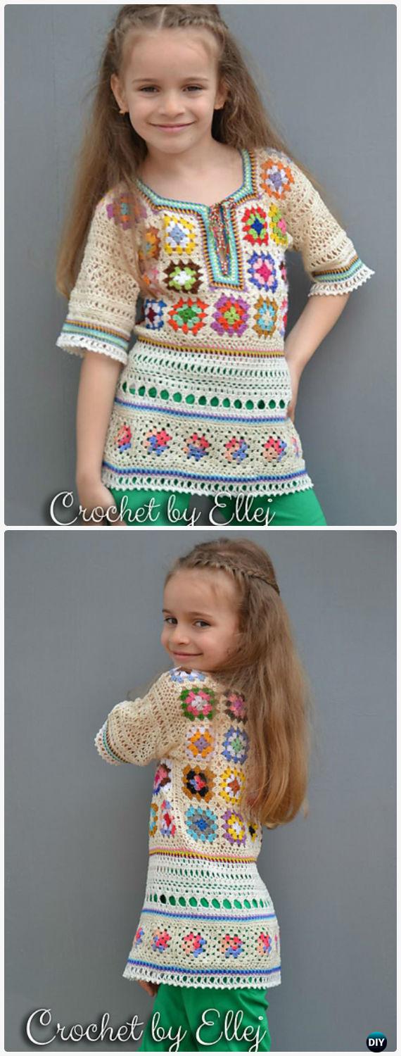Crochet Colorful Mood Granny Square Tunic Free Pattern - Crochet Kids Sweater Tops Free Patterns