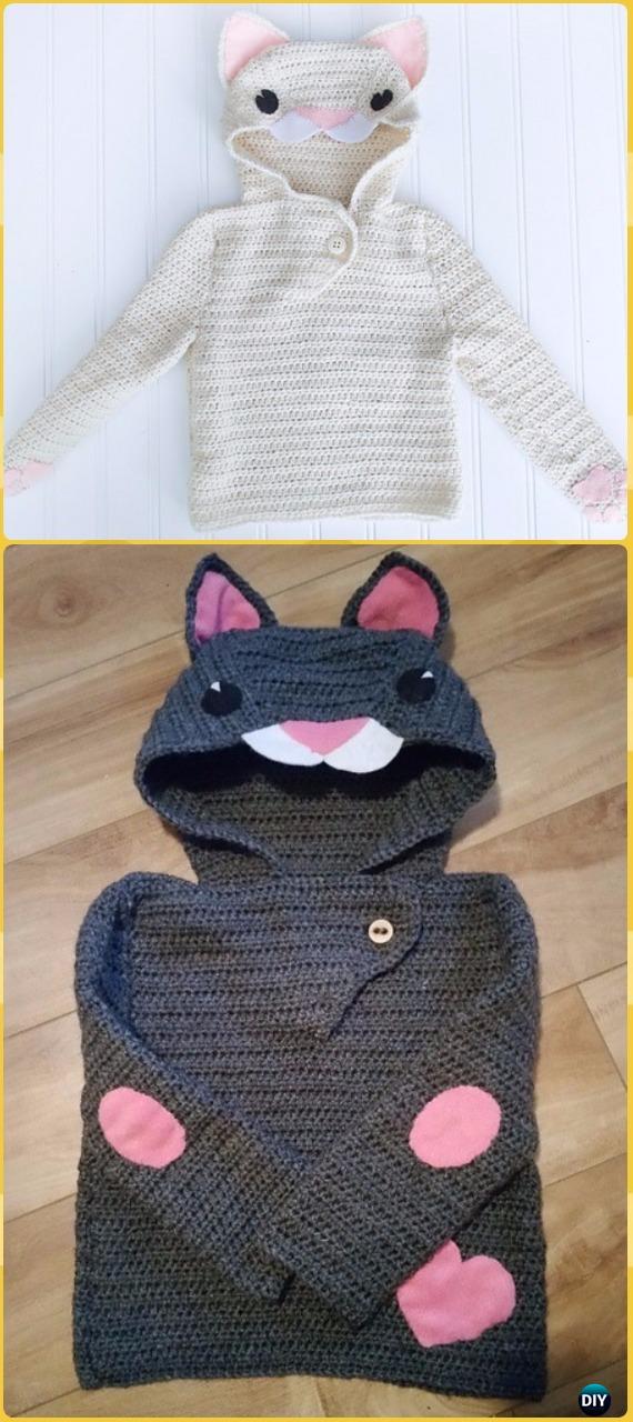 Crochet Le Chat Blanc Cat Hoodie Pullover Sweater Free Pattern - Crochet Kids Sweater Tops Free Patterns