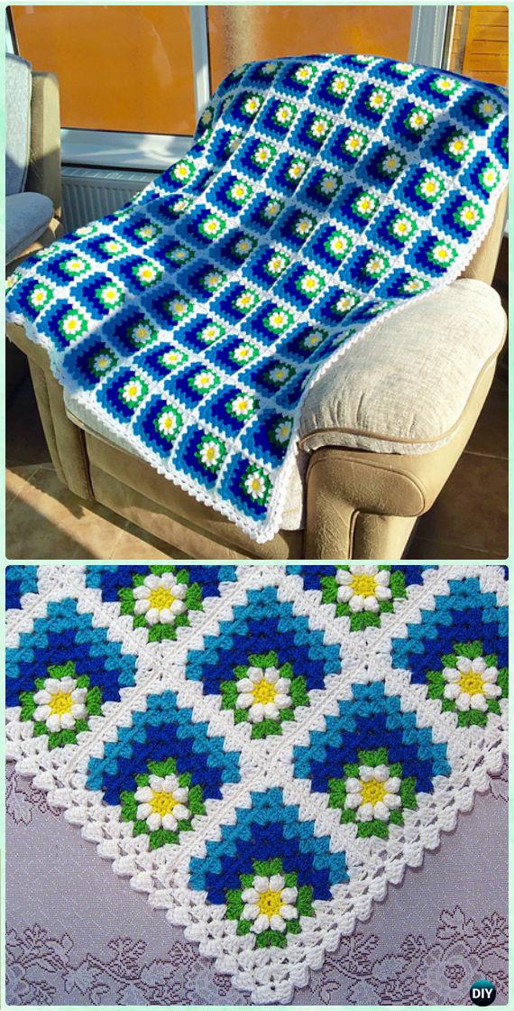 Crochet Mitered Summer Daisy Baby Afghan Pattern-Crochet Mitered Granny Square Blanket Free Patterns 