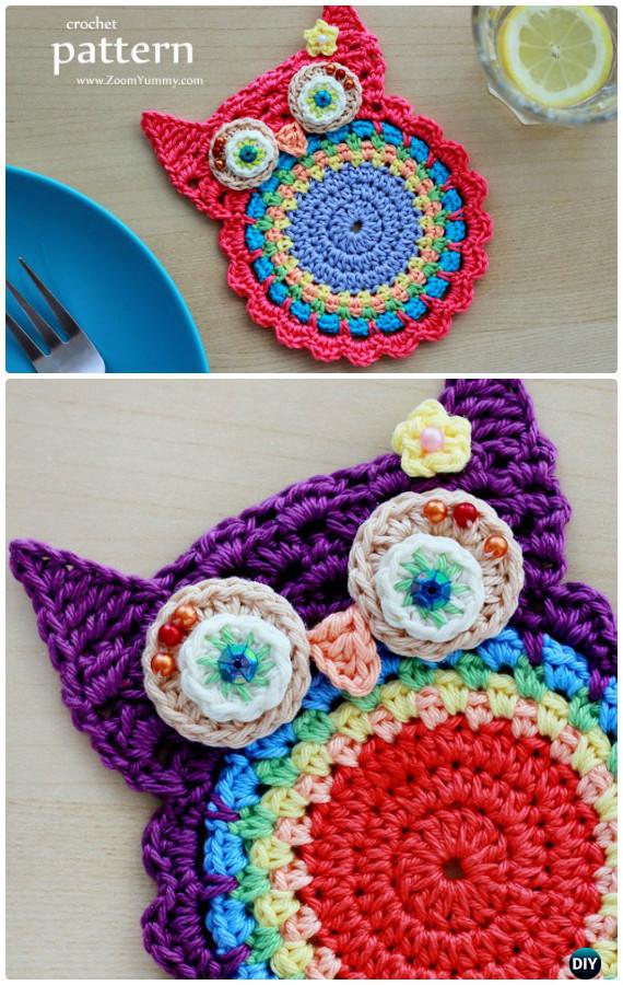 DIY Crochet Owl Coasters Applique Free Pattern-Crochet Owl Ideas Free Patterns
