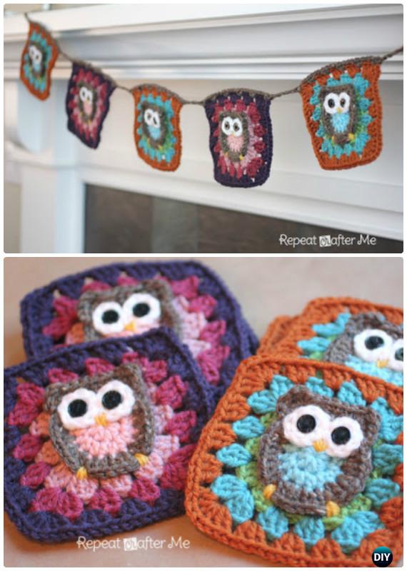 Crochet Owl Granny Square Garland Free Pattern-Crochet Owl Ideas Free Patterns