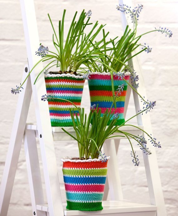 Crochet Rainbow Flower Pot Cover Free Pattern - Crochet Plant Pot Cozy Free Patterns