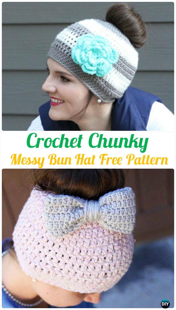 Crochet Chunky Messy Bun Hat Free Pattern -Crochet Ponytail Messy Bun Hat Free Patterns & Instructions